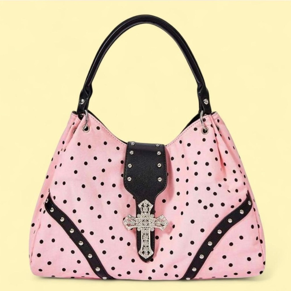Pink Polka Dot Shoulder Bag with Rhinestone Cross Accent